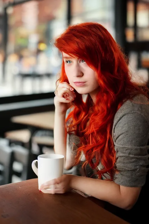 Prompt: a cinematic headshot portrait of a young woman with messy vibrant red hair, sitting at starbucks with a tea and a muffin, starbucks indoor, ultra realistic, depth, beautiful lighting