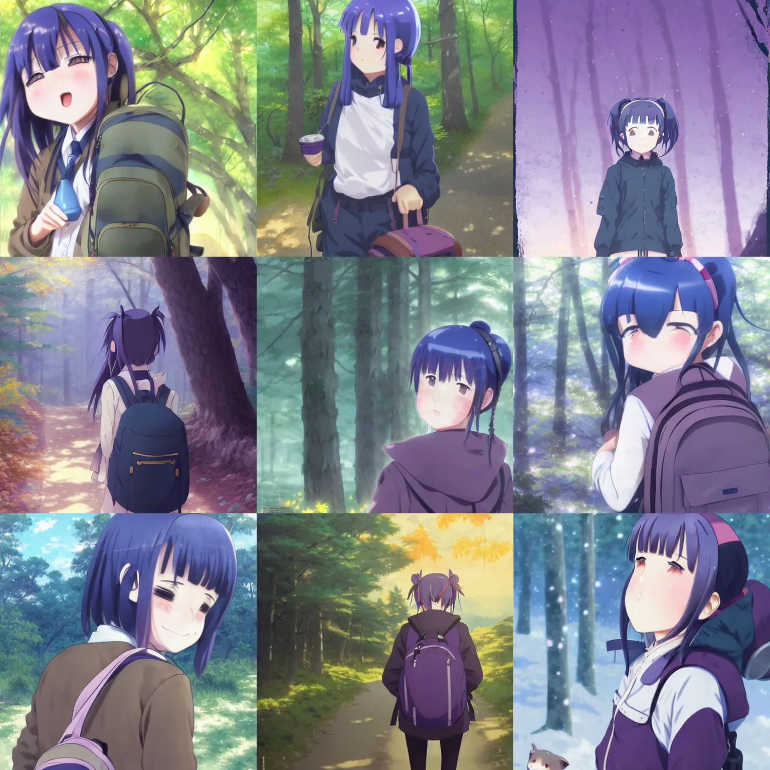 Prompt: cute anime shima rin shimarin yuru camp dark - blue hair bun!!!!!!!!!!!!!!!!!!! tied in a high bun purple violet eyes portrait by greg rutkowski makoto shinkai kyoto animation forest background backpack