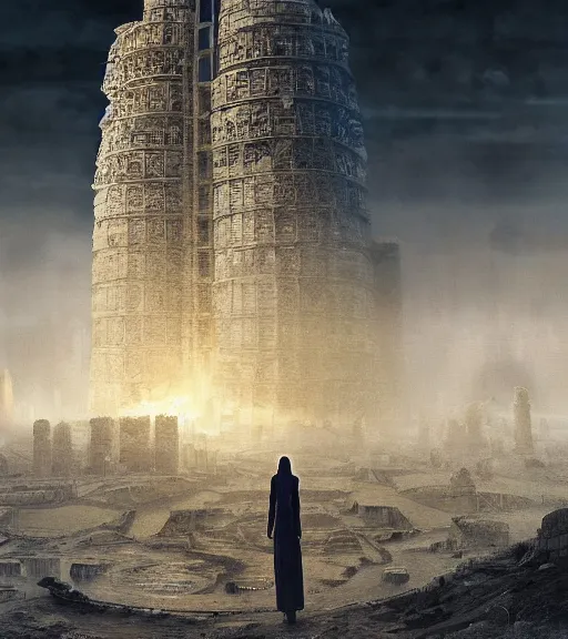 Prompt: tarkovsky greatest scene stalker movie, the ancient destroyed majestic tower of babylon, woman in a futuristic cyber clothing, transparent puffer jacket, hyperrealistic, blockchain, cyber world, ambient lighting, concept art, intricate sky, hyper - detailed, smooth, dynamic volumetric lighting, octane, ray trace, cinematic, high quality, cgsociety