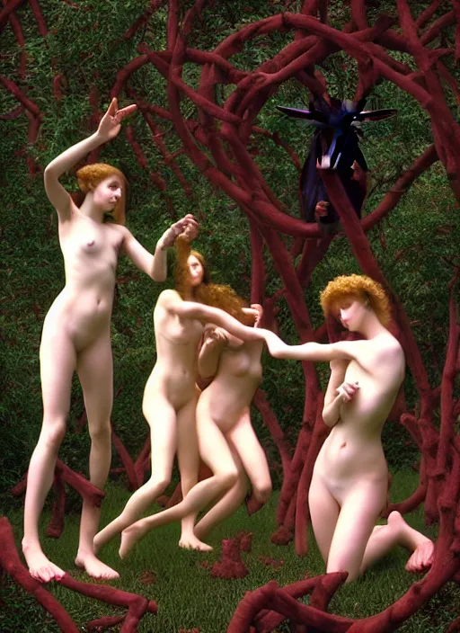 Image similar to pagan girls performing an occult esoteric satanic ritual on a goat in a deep thorns bones bloody 3d vaporwave cyber forest in 5th dimensional space, by william-adolphe bouguereau and Austin Osman Spare and Takato Yamamoto, high resolution, rendered in octane 3d