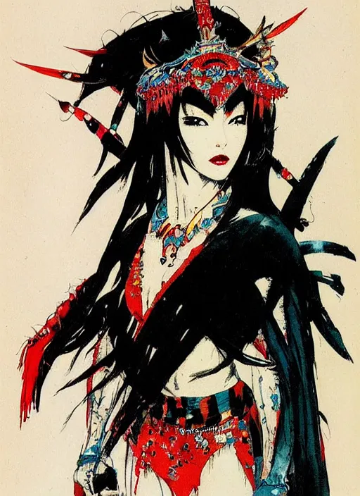 Image similar to mighty female korean vampiress, jeweled headdress, heavy mascara, strong line, saturated color, beautiful! coherent! by frank frazetta, high contrast, minimalism