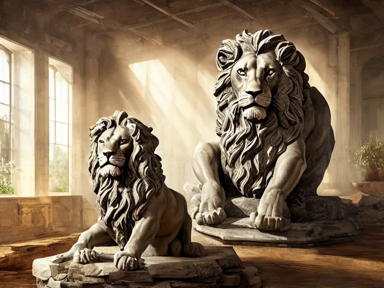 Prompt: expressive rustic oil painting, a stone workshop with in the center an impressive large statue of a marble lion, dust, ambient occlusion, morning, rays of light coming through windows, dim lighting, brush strokes oil painting