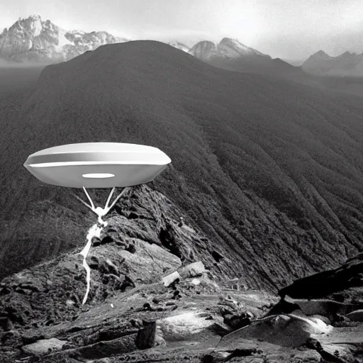 Image similar to photo of a ufo crashed into a mountain, black and white photo