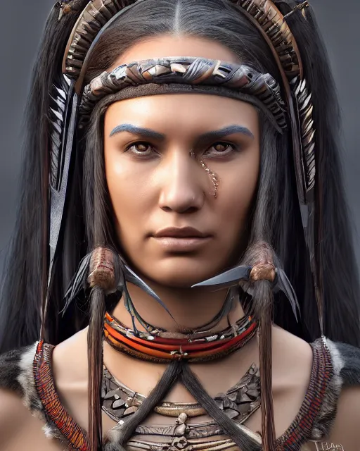 Prompt: A beautiful portrait of a female tribal warrior, inspired by d&d, slender symmetrical face and body, fantasy woman, octane render, 16k, 8k, high res, well rendered, art by John Howe and Keith Parkinson and Larry Elmore, trending on artstation, featured on behance