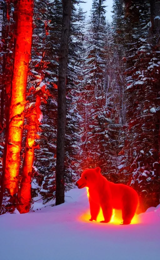 Image similar to real life photo of a red glowing bear in the canadian wilderness,