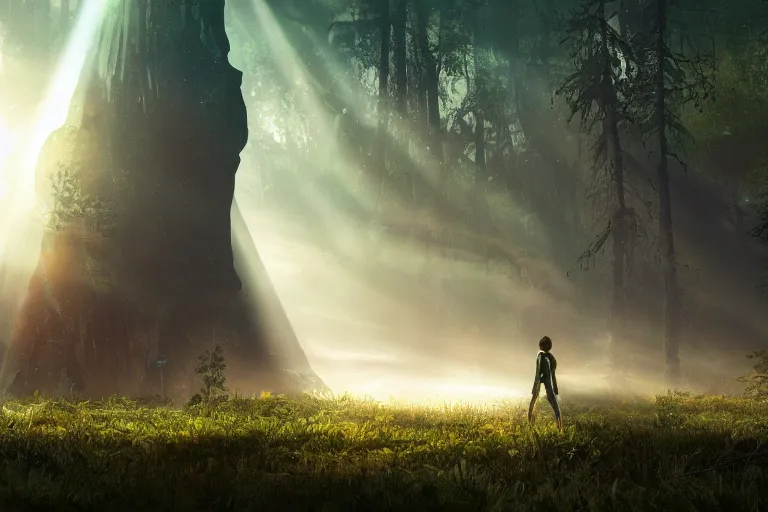 Prompt: the great beyond, sci - fi scene future new york, little girl holding a hand of a big robot, forest punk, crepuscular rays, epic scene, hyper realistic, photo realistic, overgrowth, cinematic atmosphere, ethereal lighting, in the style of john waterhouse