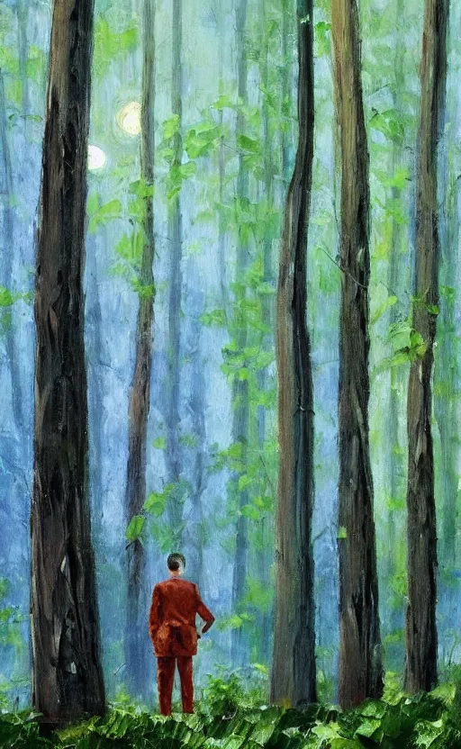 Prompt: a colorful realistic oil painting of a moonlit lush dense spruce forest at night with a business man standing by a bonfire, there's a business man in a suit near the fire with his back turned away from the viewer, curved trees, the top of the trees have morphed into art deco skyscrapers pointing at the moon, new york skyscrapers in the night sky with lights in the windows, the painting has cold blues at the top and warm orange colors at the bottom, a cross between lush spruce trees and a city, colorful orange and blue gradient, bright orange camp fire, worm's eye view of a brutalist metropolis, city buildings on top of trees, fish eye lens, worm's eye view, brutalist office buildings