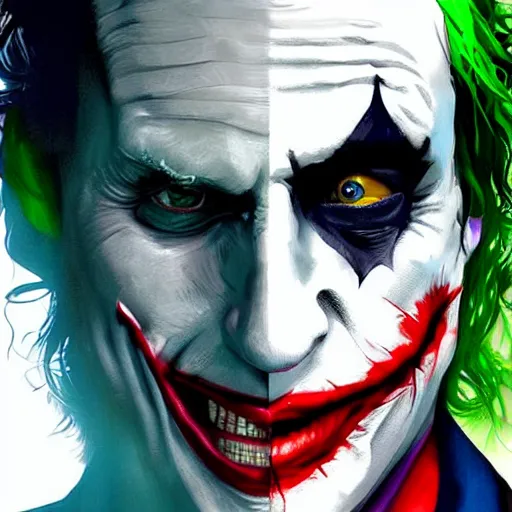 Image similar to the joker with Batman’s face mask, digital painting, amazing detail, artstation, cgsociety