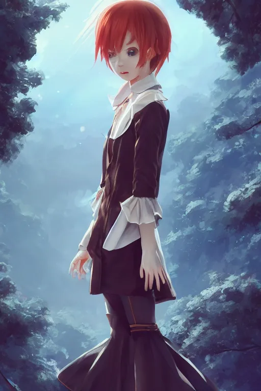 Image similar to Very complcated dynamic composition, realistic anime style at Pixiv, Zbrush sculpt colored, Octane render in Maya and Houdini VFX, young redhead girl in motion, wearing jacket and skirt, silky hair, black stunning deep eyes. By ilya kuvshinov, krenz cushart, Greg Rutkowski, trending on artstation. Amazing textured brush strokes. Cinematic dramatic soft volumetric studio lighting