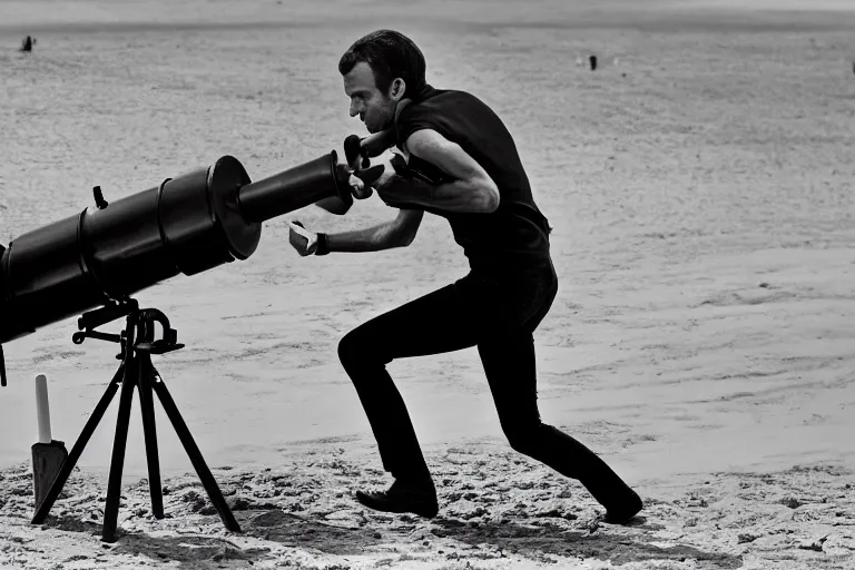 Image similar to closeup portrait of emmanuel macron firing a cannon at england at the beach, natural light, sharp, detailed face, magazine, press, photo, steve mccurry, david lazar, canon, nikon, focus