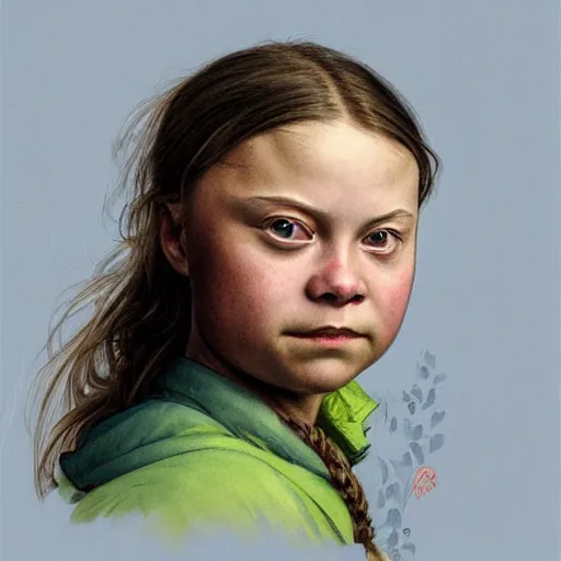 Image similar to portrait of greta thunberg, looking at camera, intricate, extremely detailed, digital painting, artstation, concept art, smooth, ambient lighting, art by artgerm and greg rutkowski and alphonse mucha and simon stalenhag