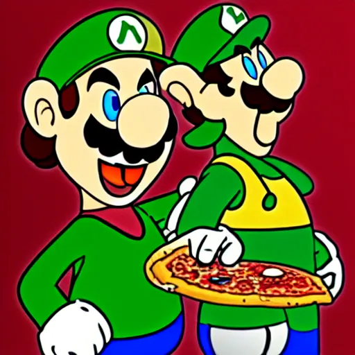 Prompt: mario and luigi eat a pizza