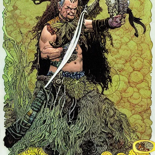 Image similar to a high fantasy closeup portrait of bill murray as a mystical druidic punk warrior giving the camera the middle finger by rebecca guay, michael kaluta, charles vess and jean moebius giraud