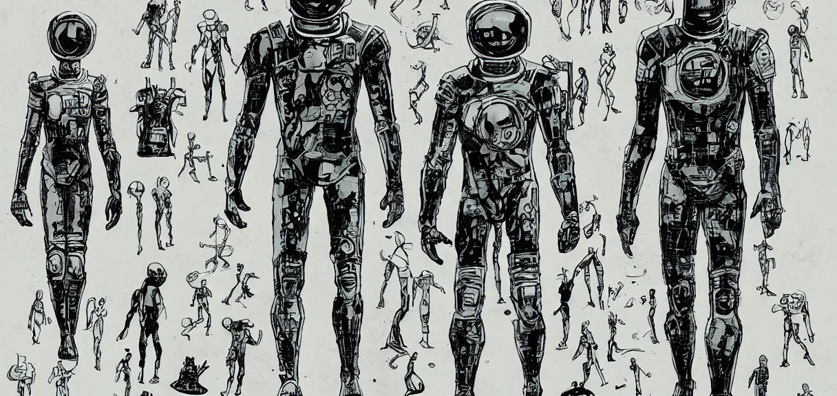 Image similar to male, full body, space suit with a modern helmet, large shoulders, short torso, long thin legs, tiny feet, character sheet, science fiction, very stylized character design, pen and ink, digital painting, watercolor wash, by mike mignola, by alex maleev, jean giraud