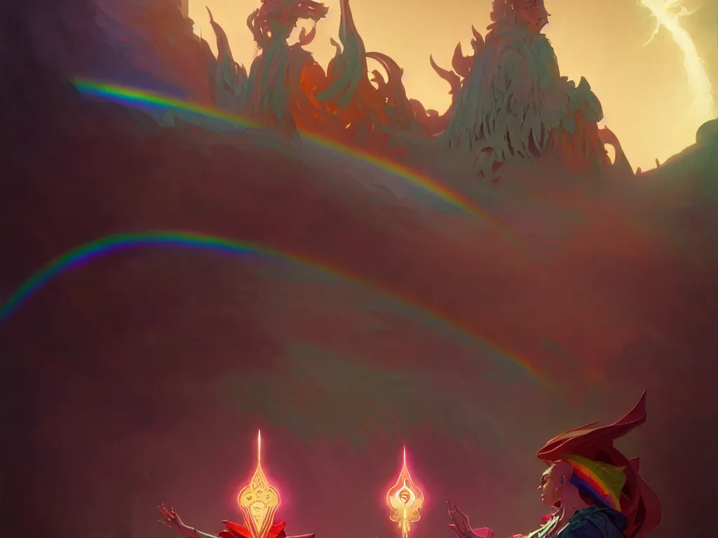 Image similar to concept art of a scene with a stylish sorcerer banishing the darkness and its evil servants with a rainbow spell, up close, d & d, rpg, trending on artstation, award winning painting, cgi, art by greg rutkowski and alphonse mucha and anton fadeev and john howe