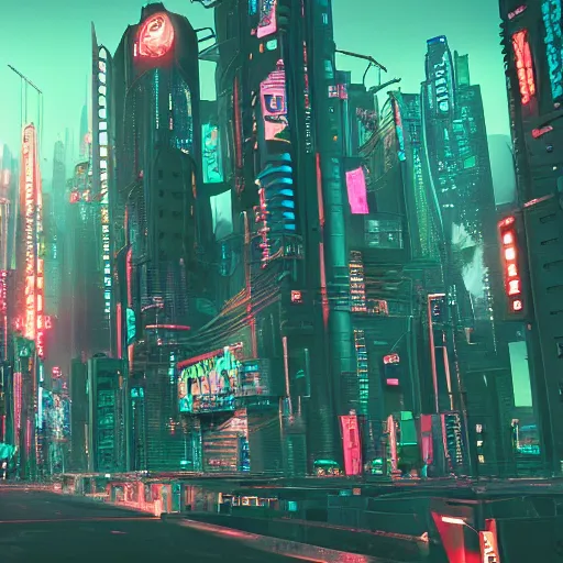 Prompt: photo of a cyberpunk city