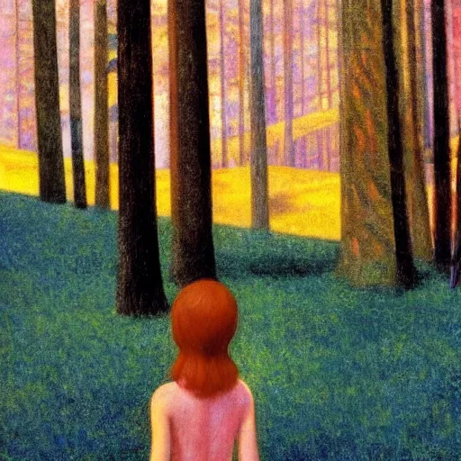 Image similar to a young girl lost in a blue golden forest, film still by edward hopper, by Bosch, by klimt, art noveau, highly detailed, strong lights, liminal, eerie, Bright pastel colors