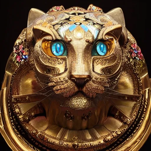 Image similar to masterpiece sculpture of an ornate bejeweled mechanical cat head, by annie swynnerton and diego rivera and nicholas roerich and jean delville, symbolist, dramatic lighting, god rays, elaborate geometric ornament, art brut, rich colors, smooth, sharp focus, extremely detailed, adolf wolfli and ( donato giancola )