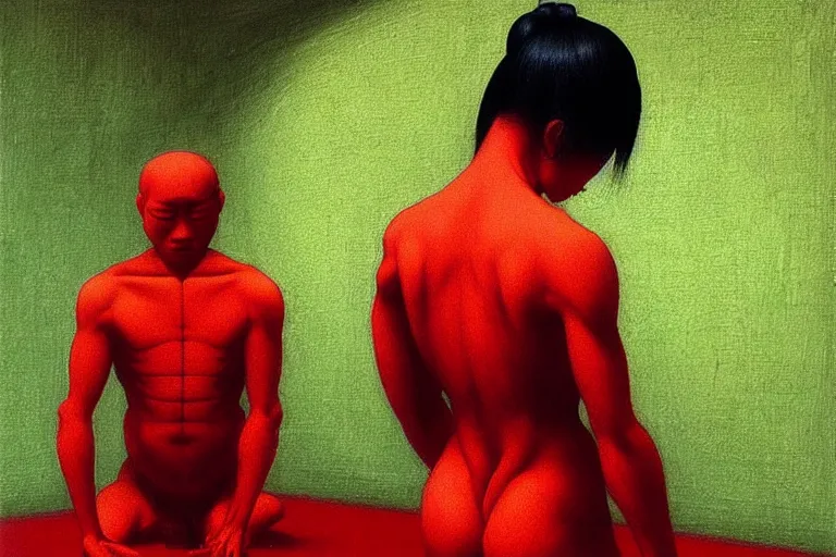 Image similar to only with red, a red samurai do seppuku, tokio, a lot of frogs watch, in the style of beksinski, parts by edward hopper, parts by rodcenko, parts by yue minjun, intricate and epic composition, red by caravaggio, insanely quality, highly detailed, masterpiece, red light, artstation, 4 k