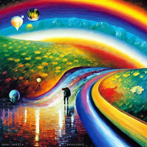 Image similar to rainbow road by james christensen, rob gonsalves, paul lehr, leonid afremov and tim white