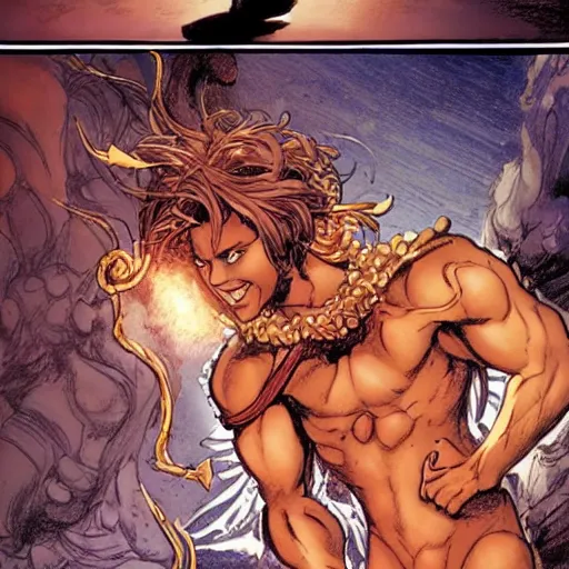 Image similar to a young brown skinned brown haired genie, with abs, emerging from a lamp, rippling with magic, smiling enthusiastically appearing as a character in volume 6 of Metabarons, drawn by Mobius - masterpiece of evocative linework and expressive colours