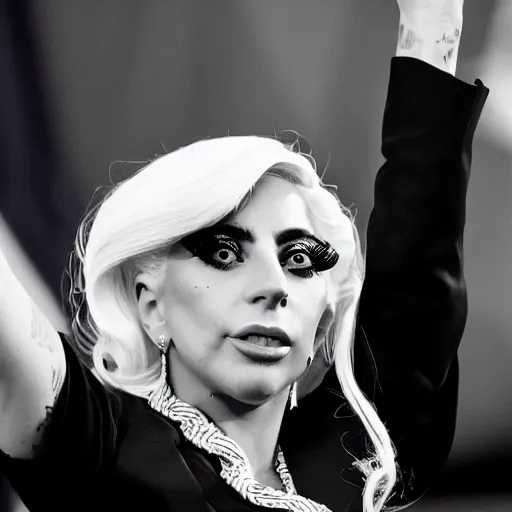 Image similar to Lady Gaga president of Argentina, Argentina flag behind, bokeh, detailed, hd, waving hands