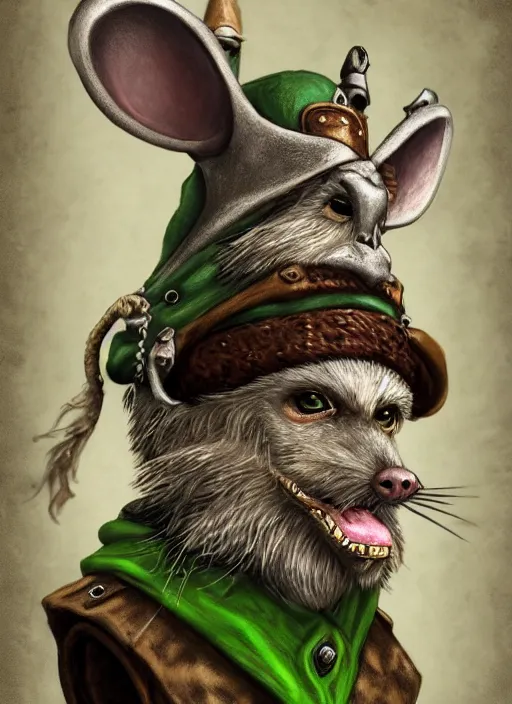 Image similar to anthropomorphic rat with human eyes and a gray beard, wearing jewelry, tricorne hat, green robe, skaven, warhammer fantasy, d & d, digital art, detailed face, highly detailed, trending on artstation, realistic