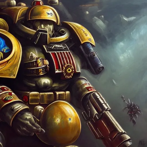 Prompt: space marine looking at monsters, highly detailed, oil painting, trending on artstation