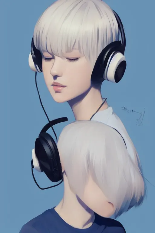 Prompt: a cute young woman listening to music with her eyes closed and wearing headphones in the style of Ilya Kuvshinov and Range Murata, white bob cut hair, blue filter, blue and white, soft lighting, atmospheric, cinematic, moody, digital painting by Krenz Cushart, 8k