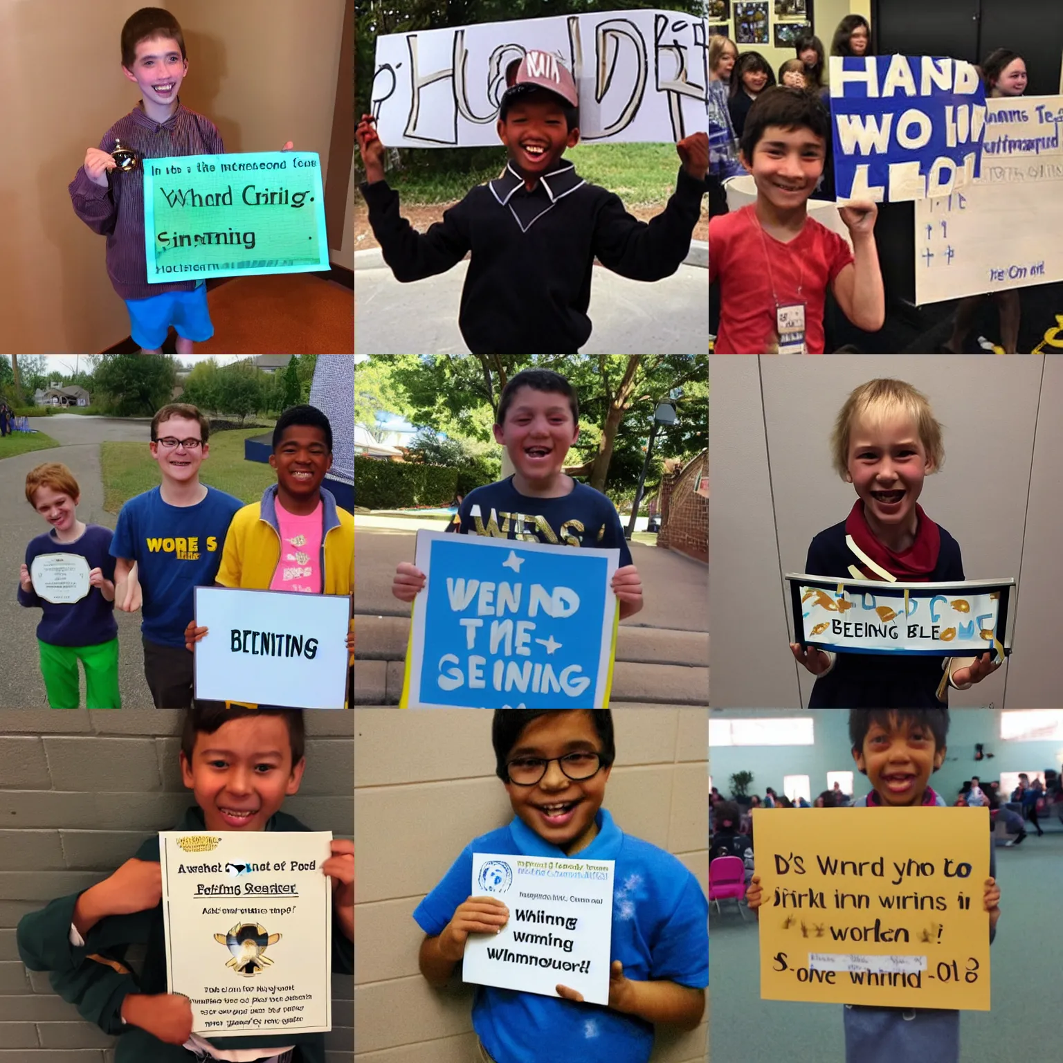 Prompt: Excited spelling bee winner holding up a sign showing their winning-word. Award-winning photograph.