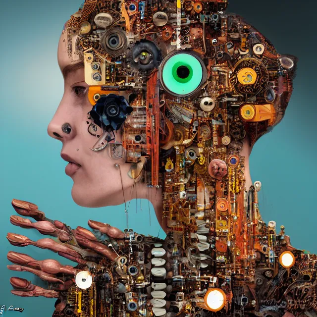 Image similar to profile portrait of a woman, computer parts, mechanical parts, by giuseppe arcimboldo, cyberpunk, futuristic, psychedelic, surreal, sci - fi, dreamlike, fantasy.