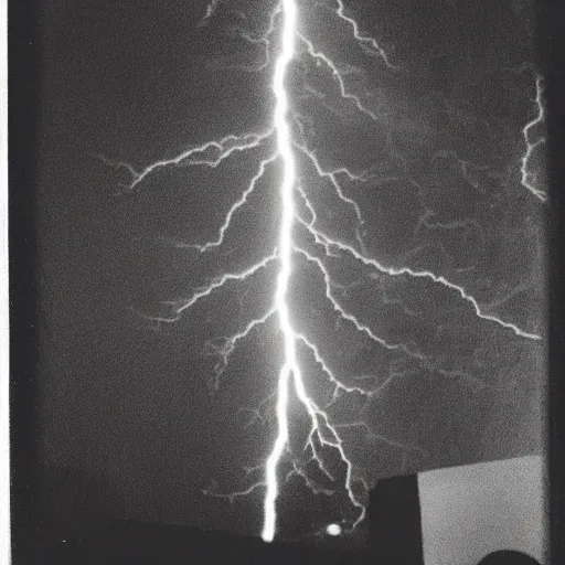 Prompt: low wide angle, old polaroid of a man being hit by a lighting strike in his head, black and white