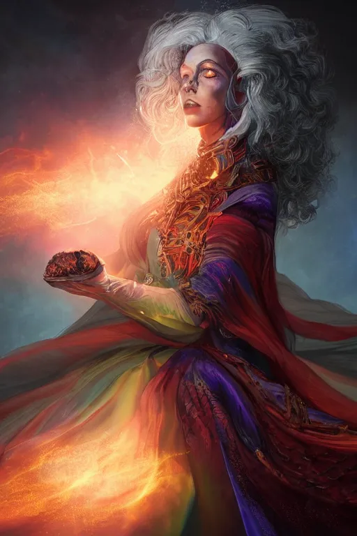 Prompt: fantasy character concept portrait, digital painting, wallpaper of gothic seer, cosmic colors, with skin of obsidian, with veins of magma and gold, renaissance nimbus overhead, by aleksi briclot, by laura zalenga, by alexander holllow fedosav, 8 k dop dof hdr, vibrant