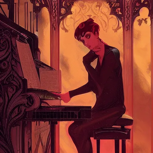 Prompt: a beautiful tarot card of a piano player with black and red hair singing in a jazz club, female, space fantasy, in the style of magic the gathering, intricate, elegant, highly detailed, digital painting, artstation, concept art, matte, sharp focus, illustration, art by greg rutkowski and alphonse mucha