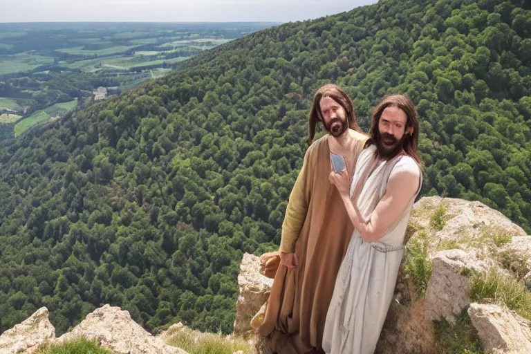 Image similar to selfie from a mobile phone of jesus and mary magdalene standing on a cliff looking over a beautiful landscape in france, rennes - le - chateau, award winning photo, very detailed, very realistic cinematic