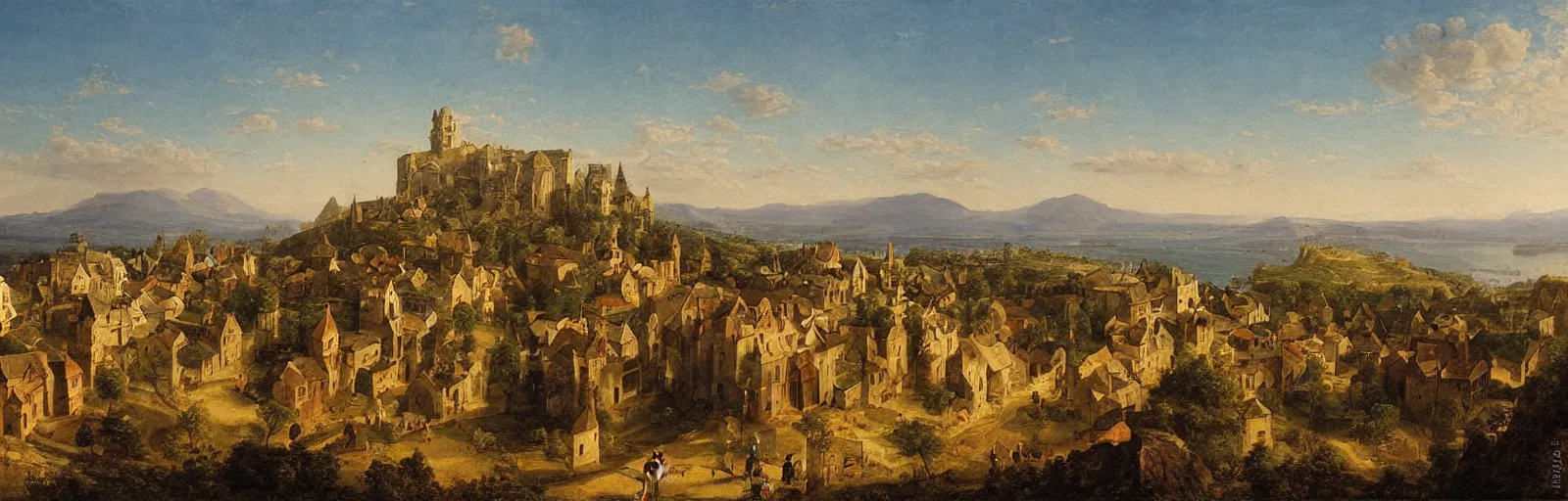 Prompt: a painting of a medieval town on top of a mountain, a matte painting by Charles Cundall,hudson river school,flemish school, matte painting, rococo, detailed painting