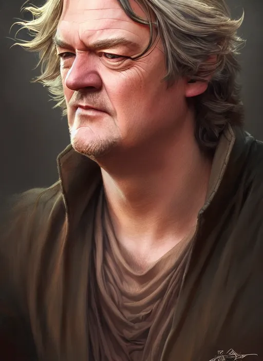 Image similar to portrait of james may, d & d, fantasy, intricate, elegant, highly detailed, digital painting, artstation, concept art, smooth, sharp focus, illustration, art by artgerm and greg rutkowski and alphonse mucha