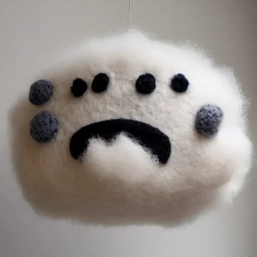 Image similar to smiling storm cloud made out of fur, knitted wool