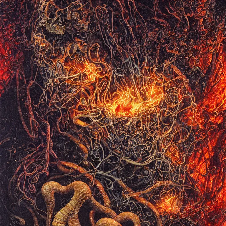 Prompt: extremely detailed intricate evocative close up realistic nocturnal rotten glowing bismuth mushrooming from wet forensic undulations of chemical glass reflecting antediluvian magma by Michael Whelan