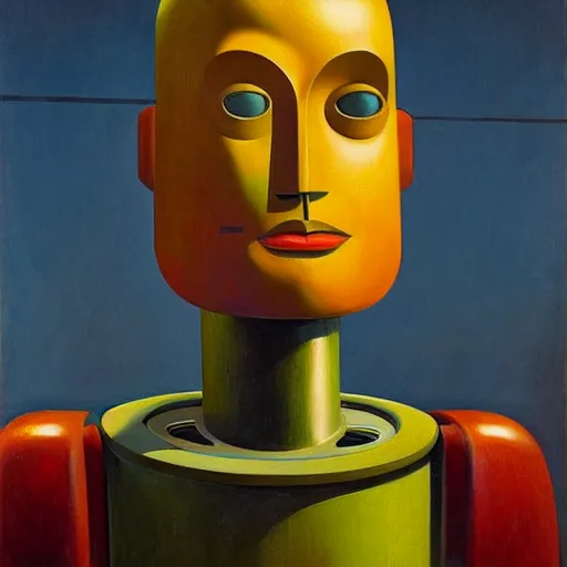 Prompt: super - intelligent robot with kind eyes portrait, grant wood, pj crook, edward hopper, ralph mcquarrie, oil on canvas