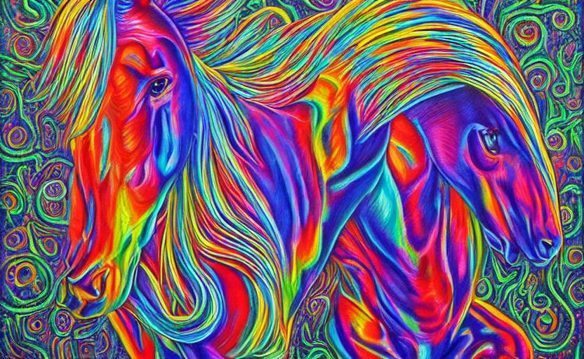 Prompt: a Photorealistic dramatic hyperrealistic vivid colors horses by Alex Grey