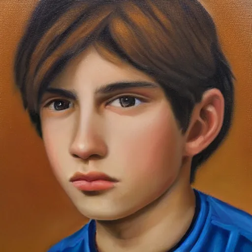 Image similar to beautiful oil painting of a teenage boy with short side part light brown hair and brown eyes