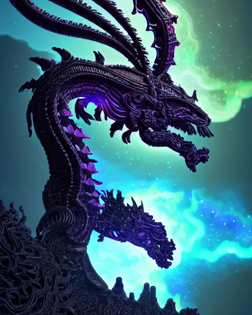 Image similar to 3 d ornate carved dark cosmic horse with profile portrait, sigma 5 0 0 mm f / 5. beautiful intricate highly detailed quetzalcoatl skull. bioluminescent, plasma, lava, ice, water, wind, creature, thunderstorm! artwork by tooth wu and wlop and beeple and greg rutkowski, 8 k trending on artstation