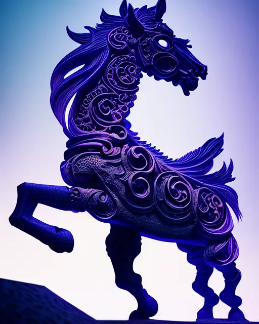 Image similar to 3 d ornate carved horse with profile portrait, sigma 5 0 0 mm f / 5. beautiful intricate highly detailed horse. bioluminescent, plasma, lava, ice, water, wind, creature, thunderstorm! artwork by tooth wu and wlop and beeple and greg rutkowski, 8 k trending on artstation