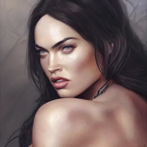 Prompt: portrait of megan fox, sultry, sexy muscular upper body, bright red eyes, fantasy, intricate, elegant, highly detailed, digital painting, artstation, concept art, matte, sharp focus, illustration, art by aenaluck and roberto ferri and greg rutkowski, epic fantasy, digital painting
