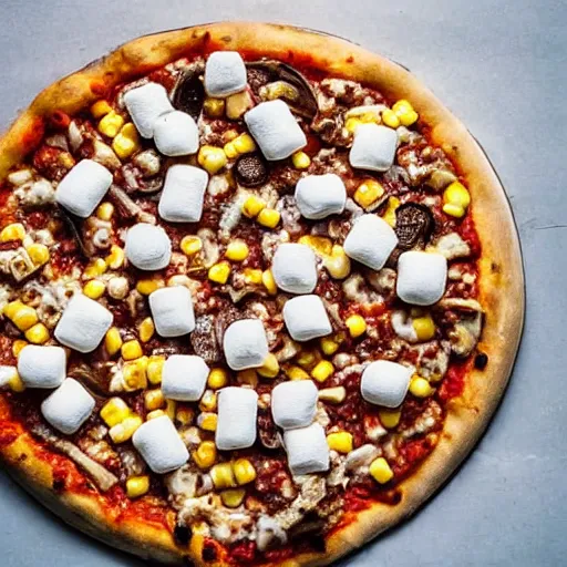 Image similar to A pizza with marshmallows, sardines, and corn as toppings