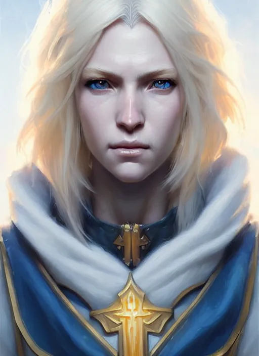 Image similar to a fantasy style portrait painting of shy white female paladin with blonde hair and blue eyes shy, scar under left eye, holy oil painting unreal 5 daz. rpg portrait extremely detailed artgerm greg rutkowski _ greg