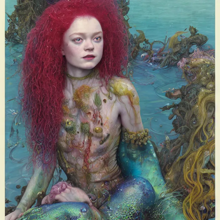 Prompt: a portrait photograph of sadie sink as a brightly colored mermaid alien hybrid with wet mutated skin. wearing an growing organic catsuit. by tom bagshaw, donato giancola, hans holbein, walton ford, gaston bussiere, brian froud, peter mohrbacher and magali villeneuve. 8 k, cgsociety