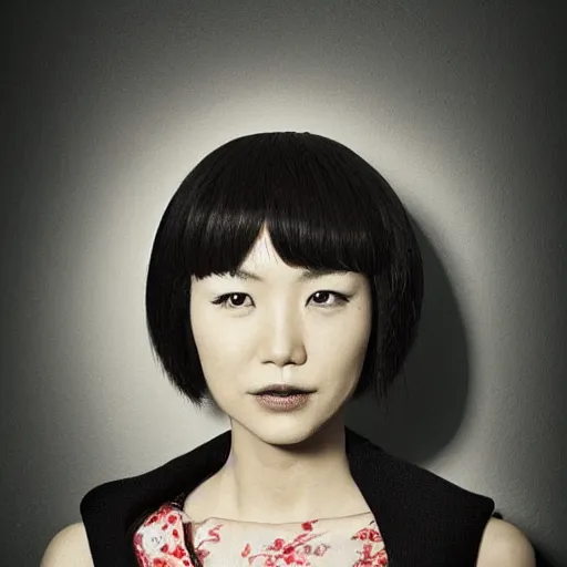 Image similar to A portrait of a woman with japanese cut hair, by Dice Tsutsumi,