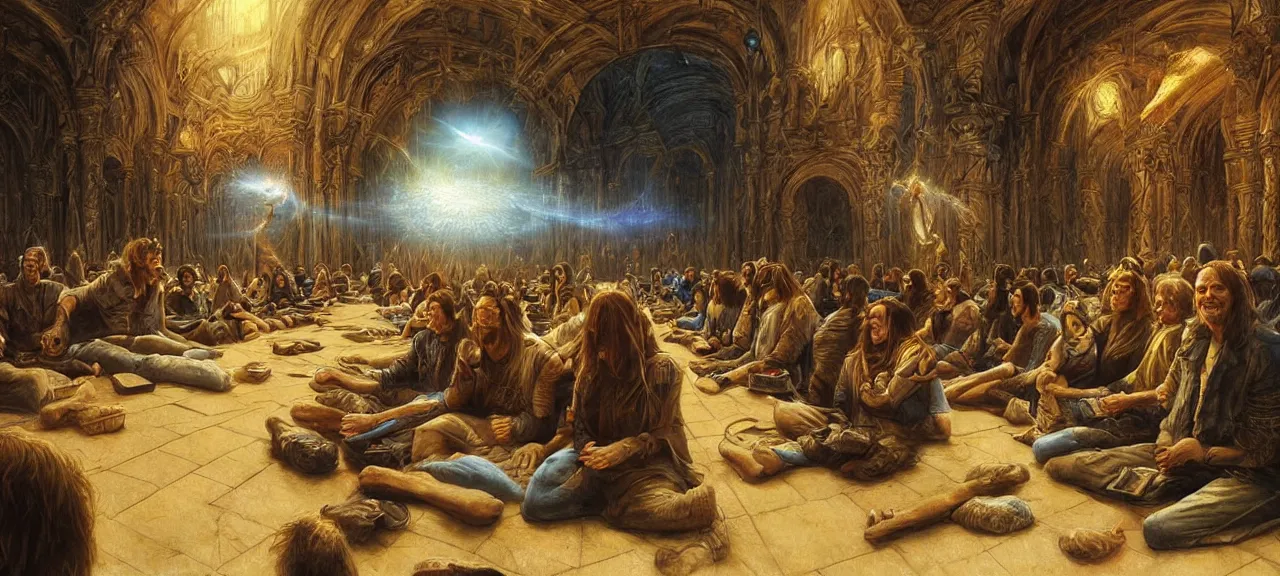 Image similar to human souls sit in the cinema and watch very deeply the light of consciousness projecting their lives on the screen of physical reality, realistic image full of sense of spirituality, life meaning, happy atmosphere, by John Howe